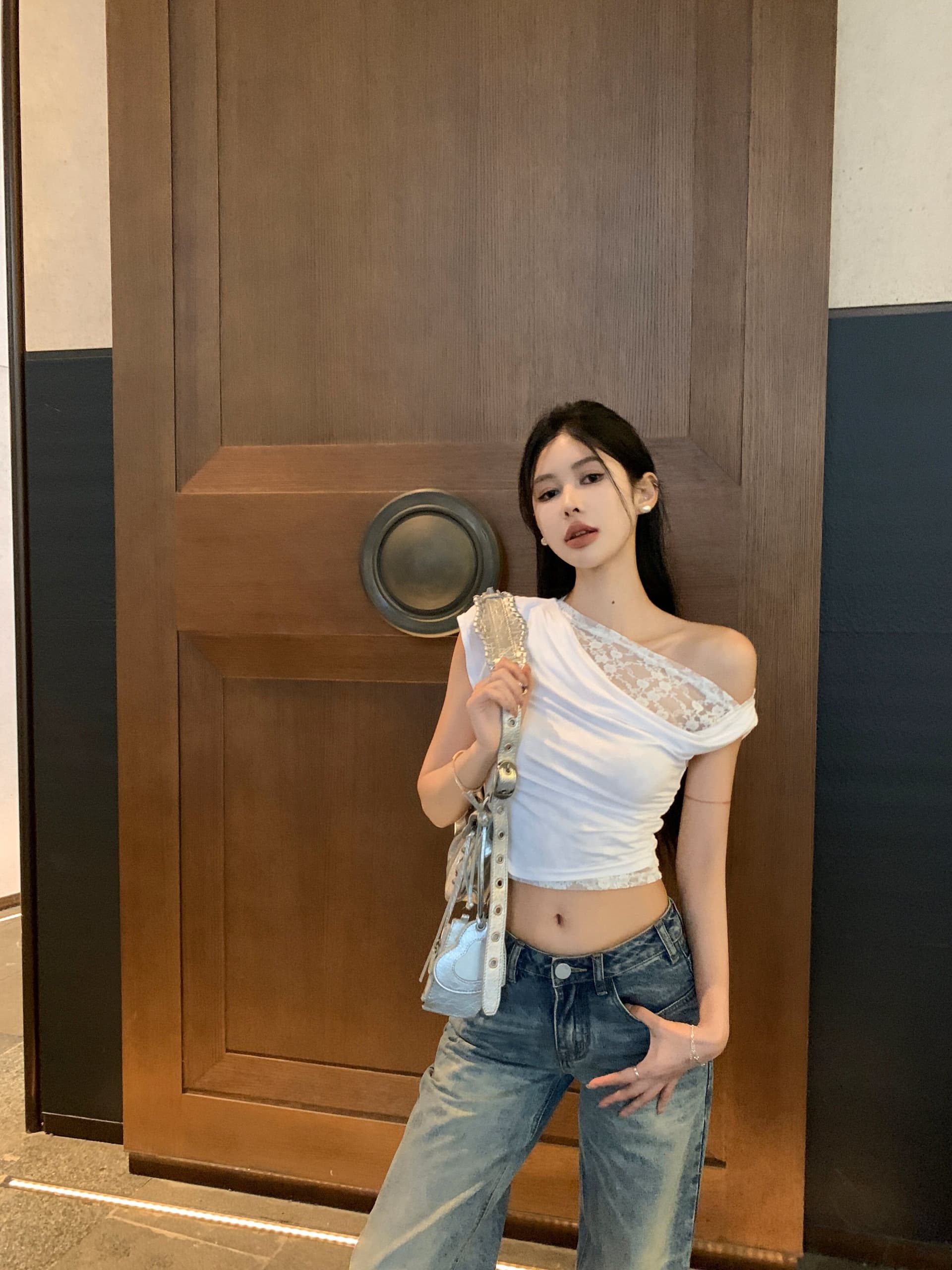 아침 칼라 불규칙 흔들다 칼라 비스듬한 어깨 레이스 반팔 티셔츠 여성 여름 달콤한 핫걸 오프숄더 쇼트 스타일 작은 맨위 아름다운 상세 이미지 3