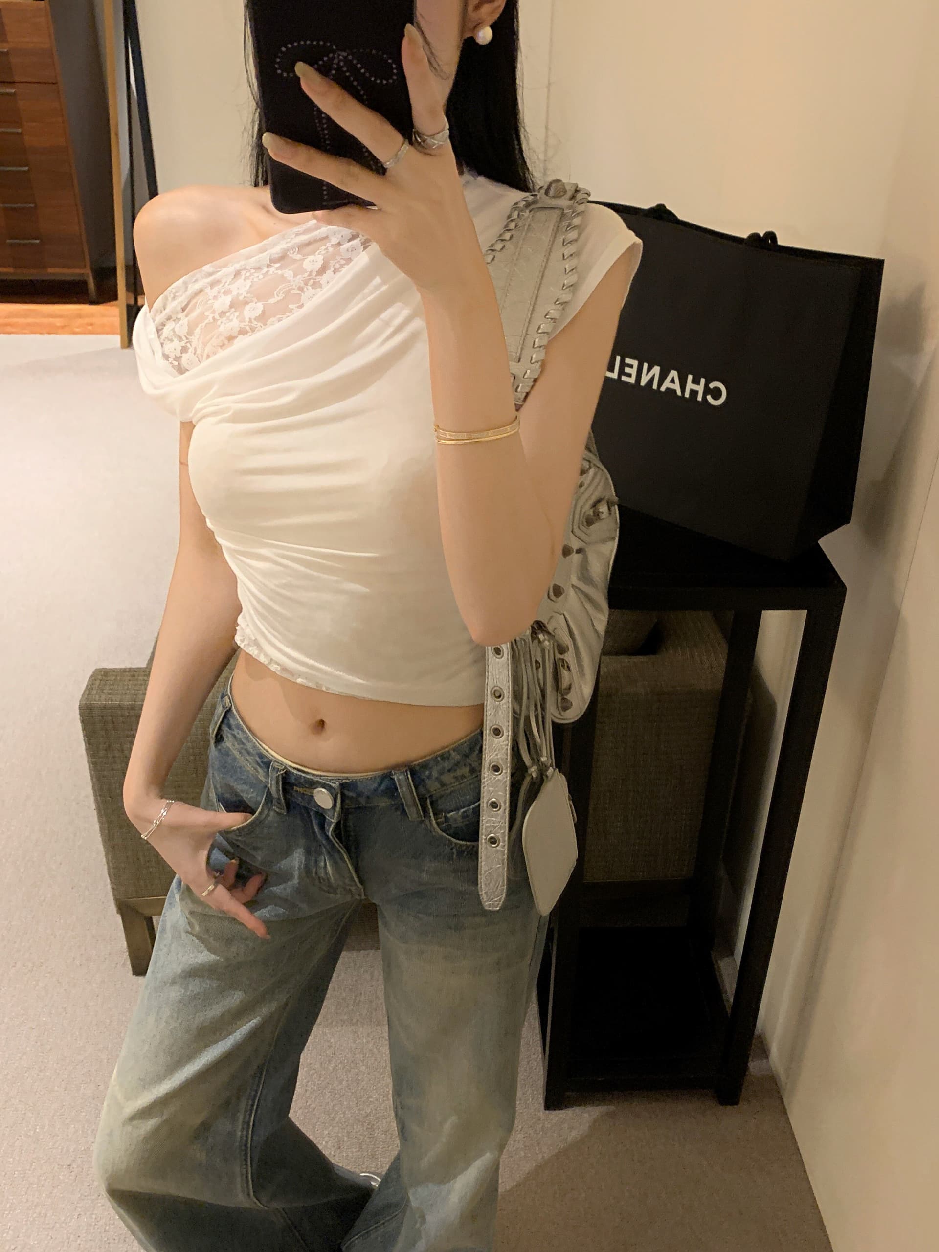 아침 칼라 불규칙 흔들다 칼라 비스듬한 어깨 레이스 반팔 티셔츠 여성 여름 달콤한 핫걸 오프숄더 쇼트 스타일 작은 맨위 아름다운 상세 이미지 6