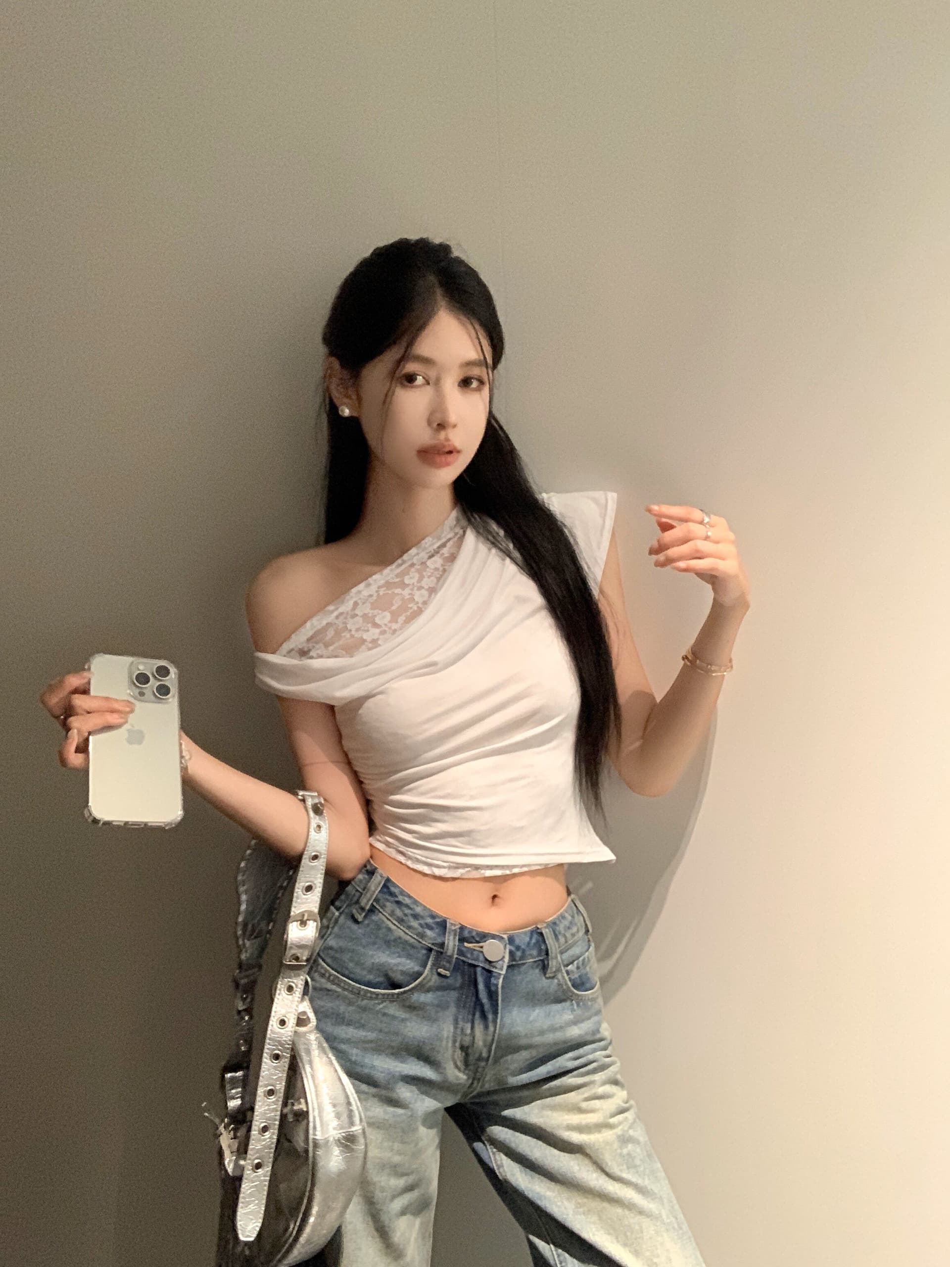 아침 칼라 불규칙 흔들다 칼라 비스듬한 어깨 레이스 반팔 티셔츠 여성 여름 달콤한 핫걸 오프숄더 쇼트 스타일 작은 맨위 아름다운 상세 이미지 7