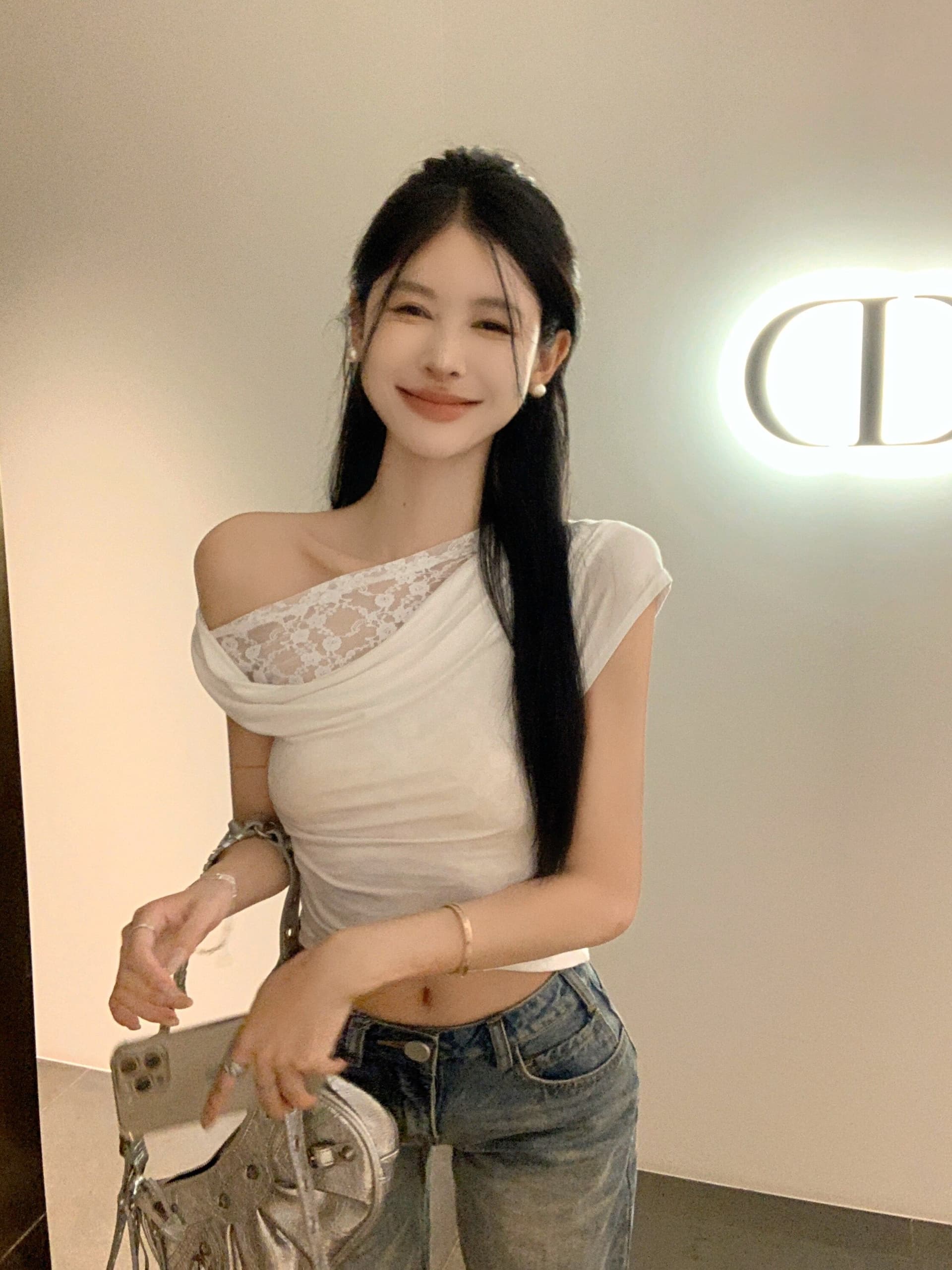 아침 칼라 불규칙 흔들다 칼라 비스듬한 어깨 레이스 반팔 티셔츠 여성 여름 달콤한 핫걸 오프숄더 쇼트 스타일 작은 맨위 아름다운 상세 이미지 8