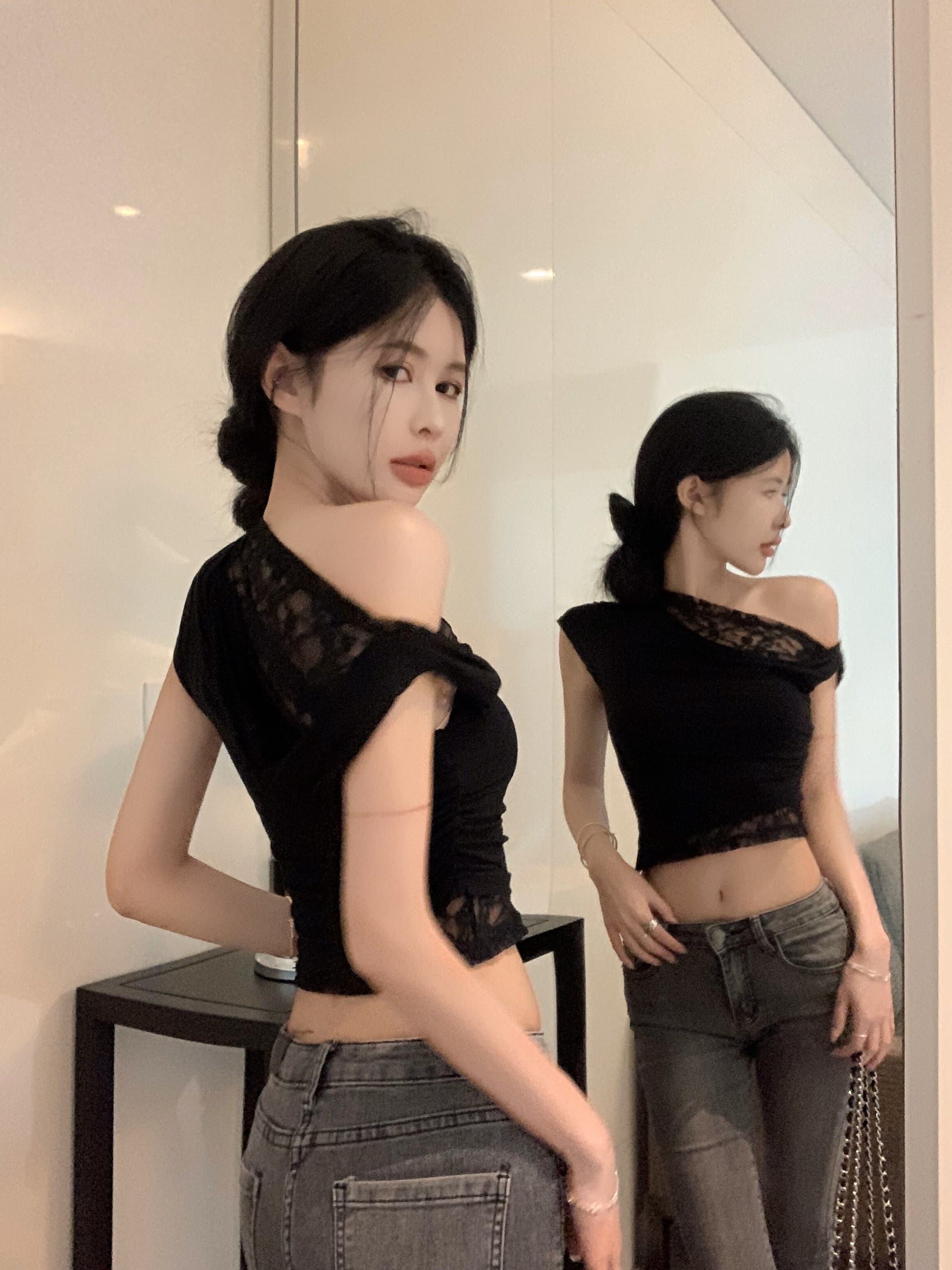 아침 칼라 불규칙 흔들다 칼라 비스듬한 어깨 레이스 반팔 티셔츠 여성 여름 달콤한 핫걸 오프숄더 쇼트 스타일 작은 맨위 아름다운 상세 이미지 16