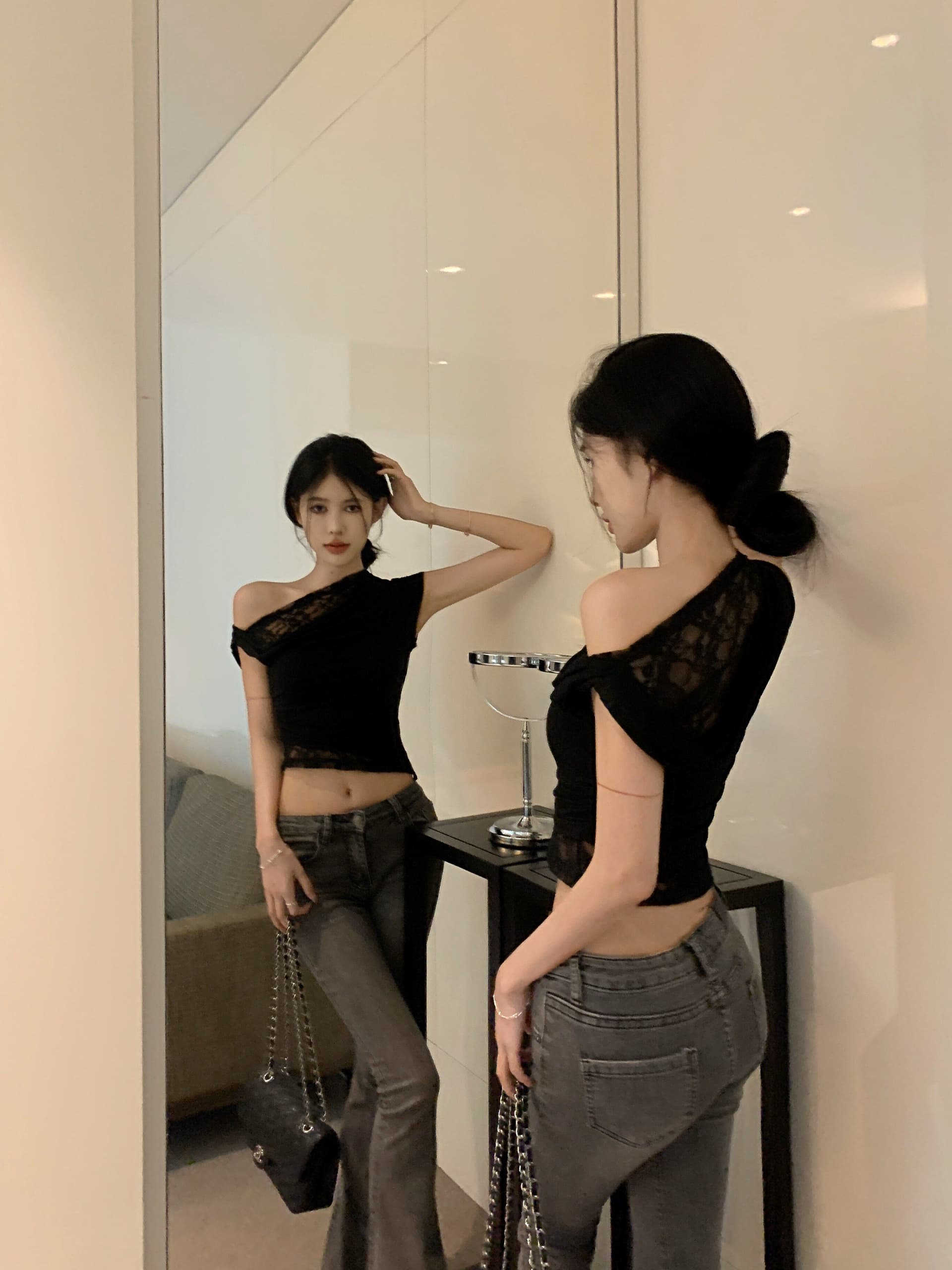 아침 칼라 불규칙 흔들다 칼라 비스듬한 어깨 레이스 반팔 티셔츠 여성 여름 달콤한 핫걸 오프숄더 쇼트 스타일 작은 맨위 아름다운 상세 이미지 20