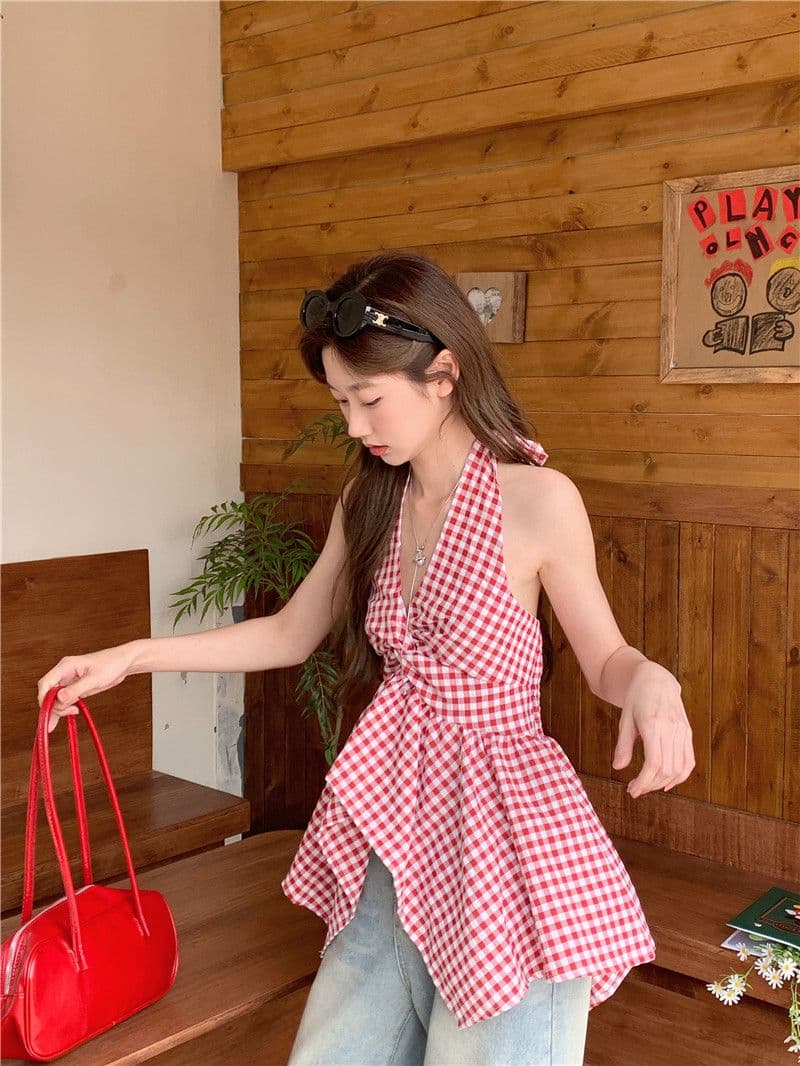 원본 원단 프랑스식 V넥 행침 목 체크무늬 캐미솔 여름 불규칙 허리 수축 맨위 상세 이미지 3