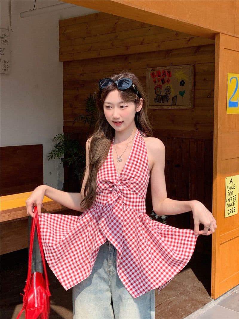 원본 원단 프랑스식 V넥 행침 목 체크무늬 캐미솔 여름 불규칙 허리 수축 맨위 상세 이미지 5