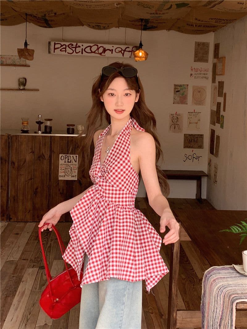 원본 원단 프랑스식 V넥 행침 목 체크무늬 캐미솔 여름 불규칙 허리 수축 맨위 상세 이미지 6