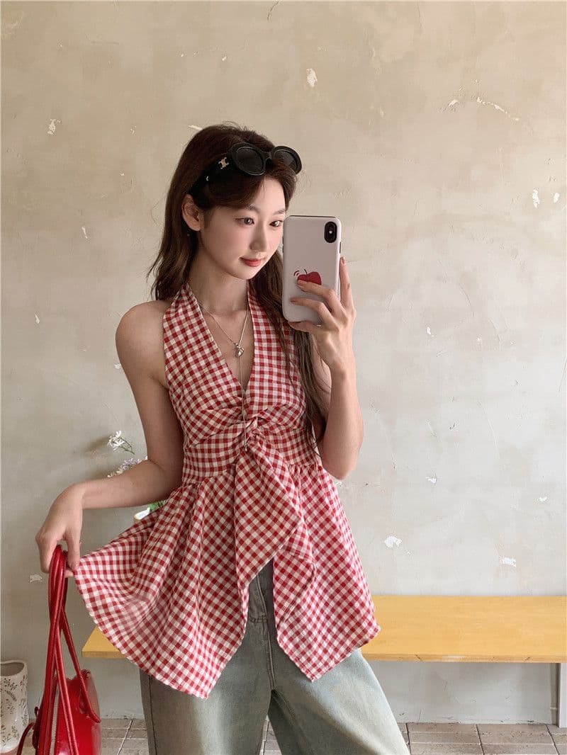 원본 원단 프랑스식 V넥 행침 목 체크무늬 캐미솔 여름 불규칙 허리 수축 맨위 상세 이미지 8