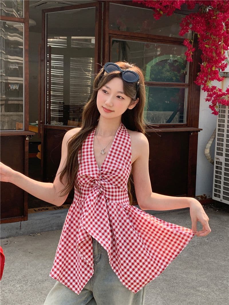 원본 원단 프랑스식 V넥 행침 목 체크무늬 캐미솔 여름 불규칙 허리 수축 맨위 상세 이미지 10