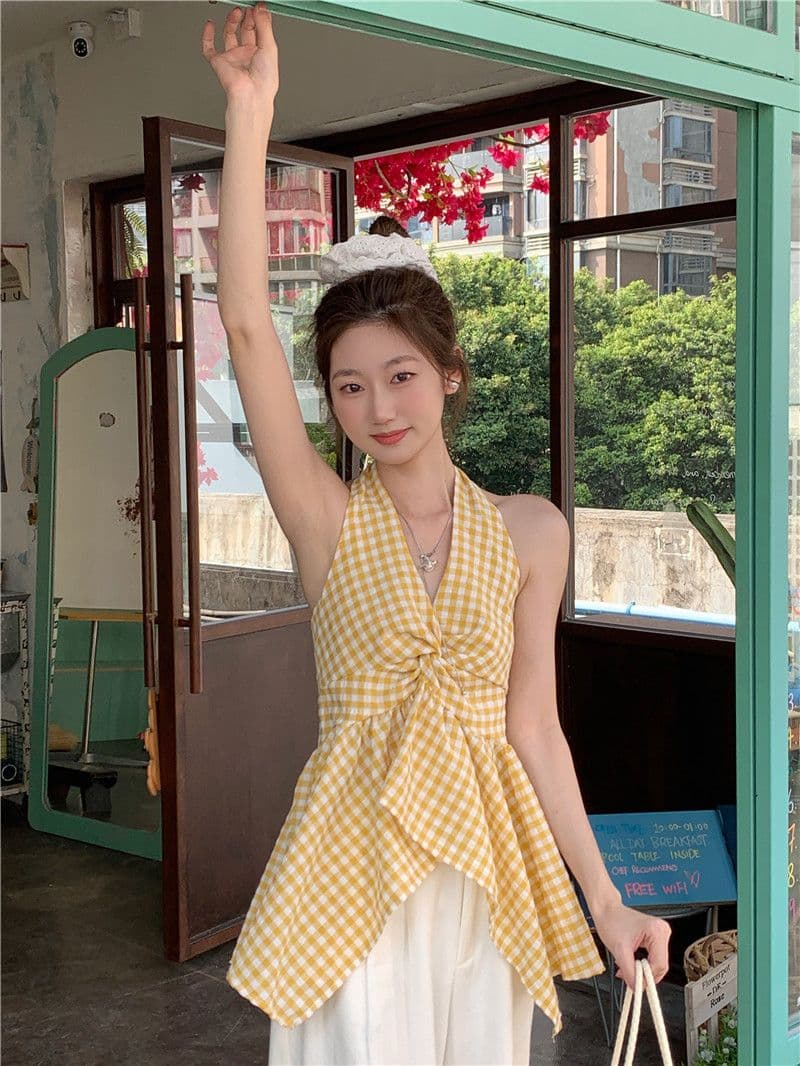 원본 원단 프랑스식 V넥 행침 목 체크무늬 캐미솔 여름 불규칙 허리 수축 맨위 상세 이미지 16