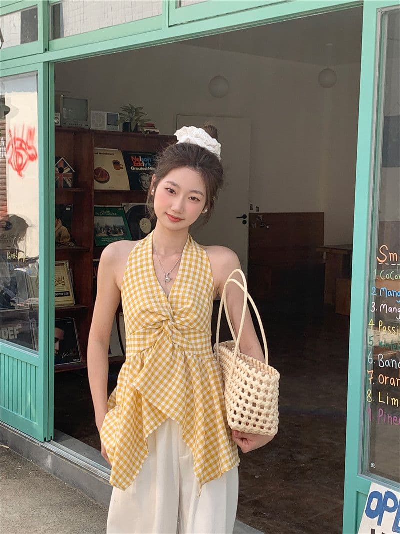 원본 원단 프랑스식 V넥 행침 목 체크무늬 캐미솔 여름 불규칙 허리 수축 맨위 상세 이미지 17