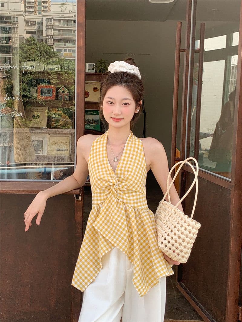 원본 원단 프랑스식 V넥 행침 목 체크무늬 캐미솔 여름 불규칙 허리 수축 맨위 상세 이미지 18
