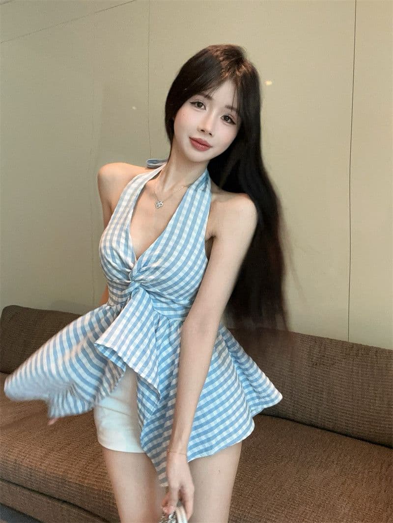 원본 원단 프랑스식 V넥 행침 목 체크무늬 캐미솔 여름 불규칙 허리 수축 맨위 상세 이미지 25