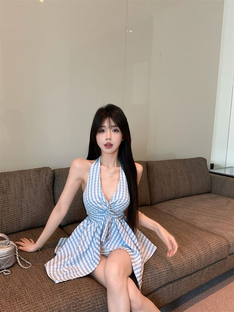 원본 원단 프랑스식 V넥 행침 목 체크무늬 캐미솔 여름 불규칙 허리 수축 맨위 상세 이미지 28