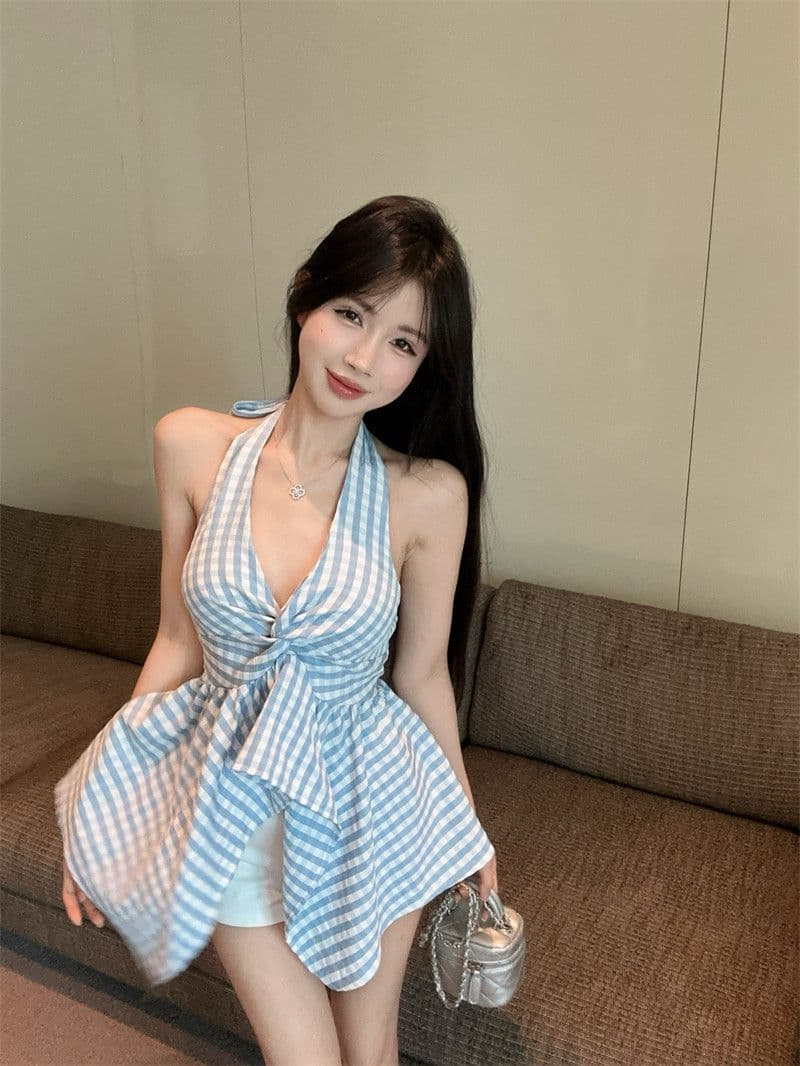 원본 원단 프랑스식 V넥 행침 목 체크무늬 캐미솔 여름 불규칙 허리 수축 맨위 상세 이미지 30