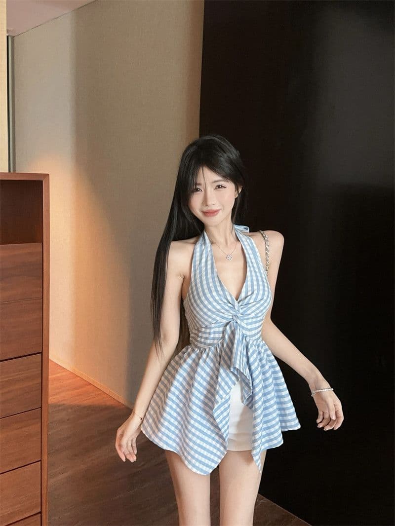 원본 원단 프랑스식 V넥 행침 목 체크무늬 캐미솔 여름 불규칙 허리 수축 맨위 상세 이미지 31