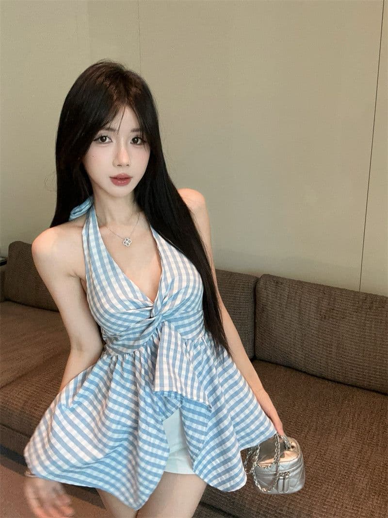 원본 원단 프랑스식 V넥 행침 목 체크무늬 캐미솔 여름 불규칙 허리 수축 맨위 상세 이미지 32