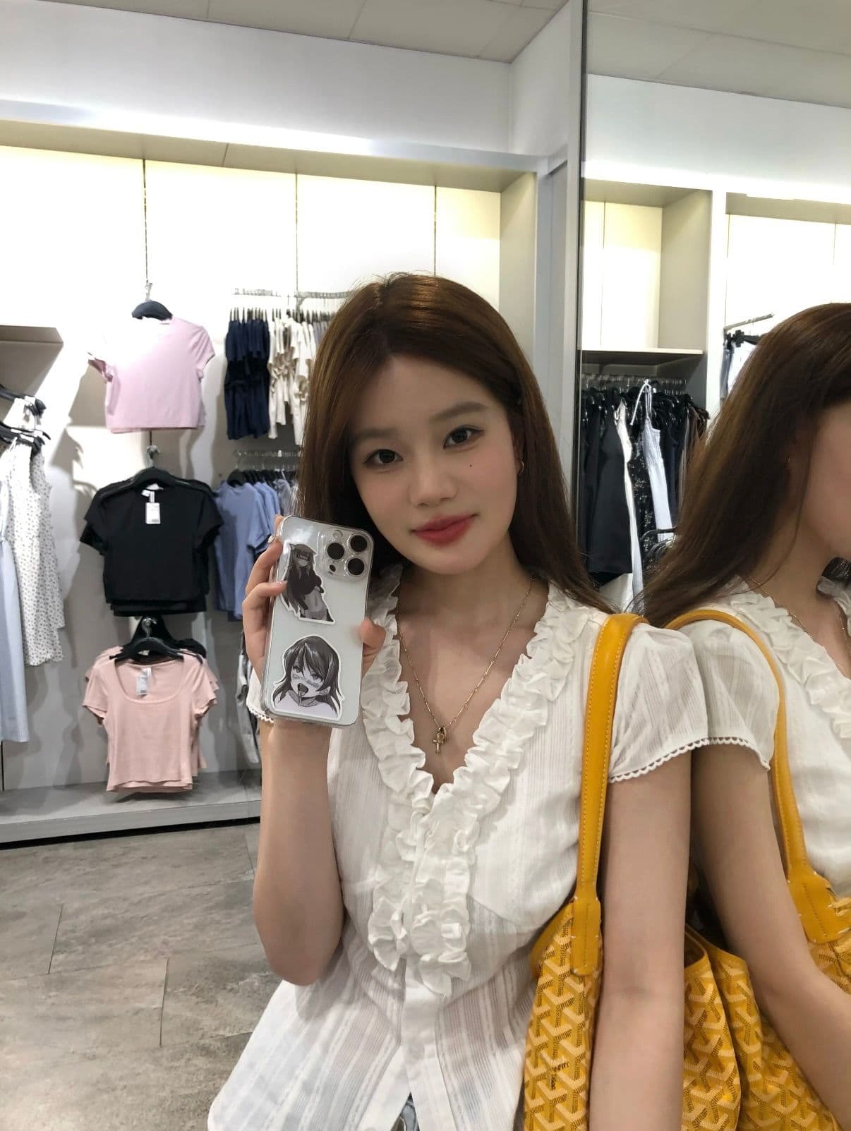 모래 워시 자카드 원단 프랑스식 프릴 반팔 여성 셔츠 여름 화이트 V넥 셔츠 허리 수축 맨위 상세 이미지 5