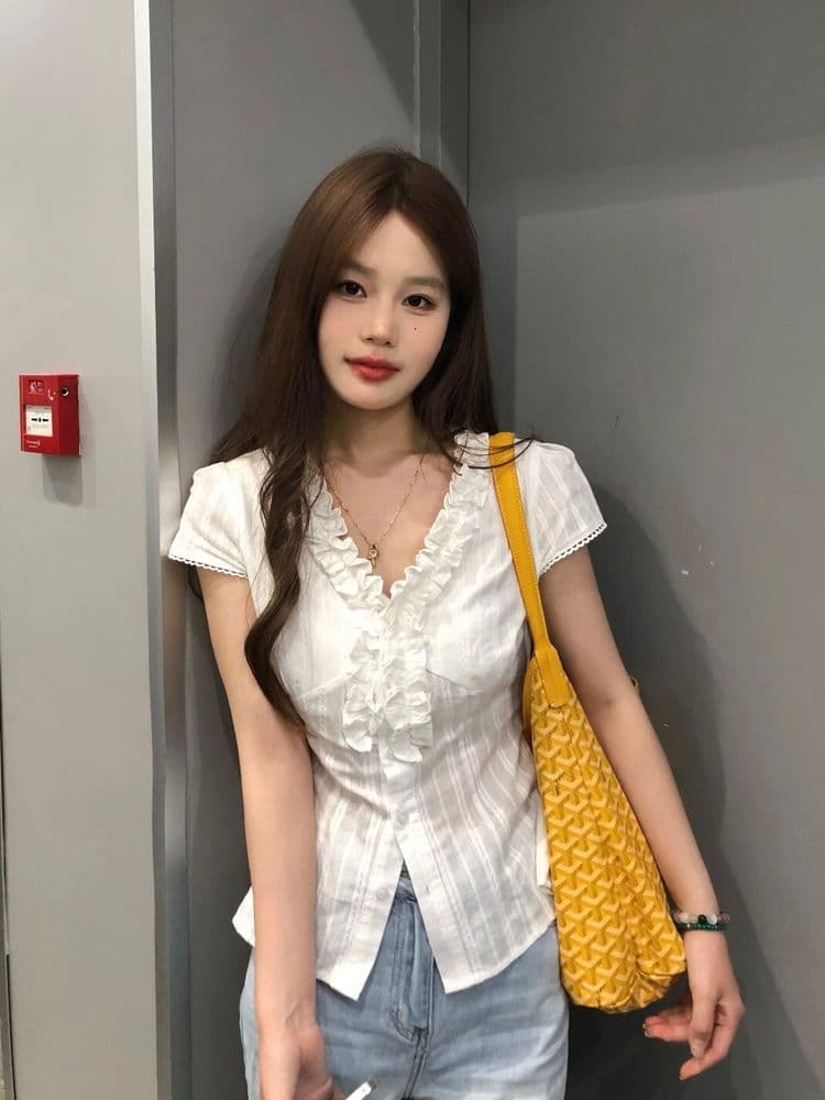 모래 워시 자카드 원단 프랑스식 프릴 반팔 여성 셔츠 여름 화이트 V넥 셔츠 허리 수축 맨위 상세 이미지 6