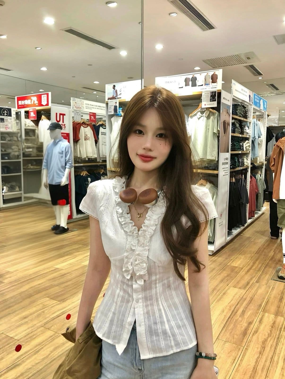 모래 워시 자카드 원단 프랑스식 프릴 반팔 여성 셔츠 여름 화이트 V넥 셔츠 허리 수축 맨위 상세 이미지 7