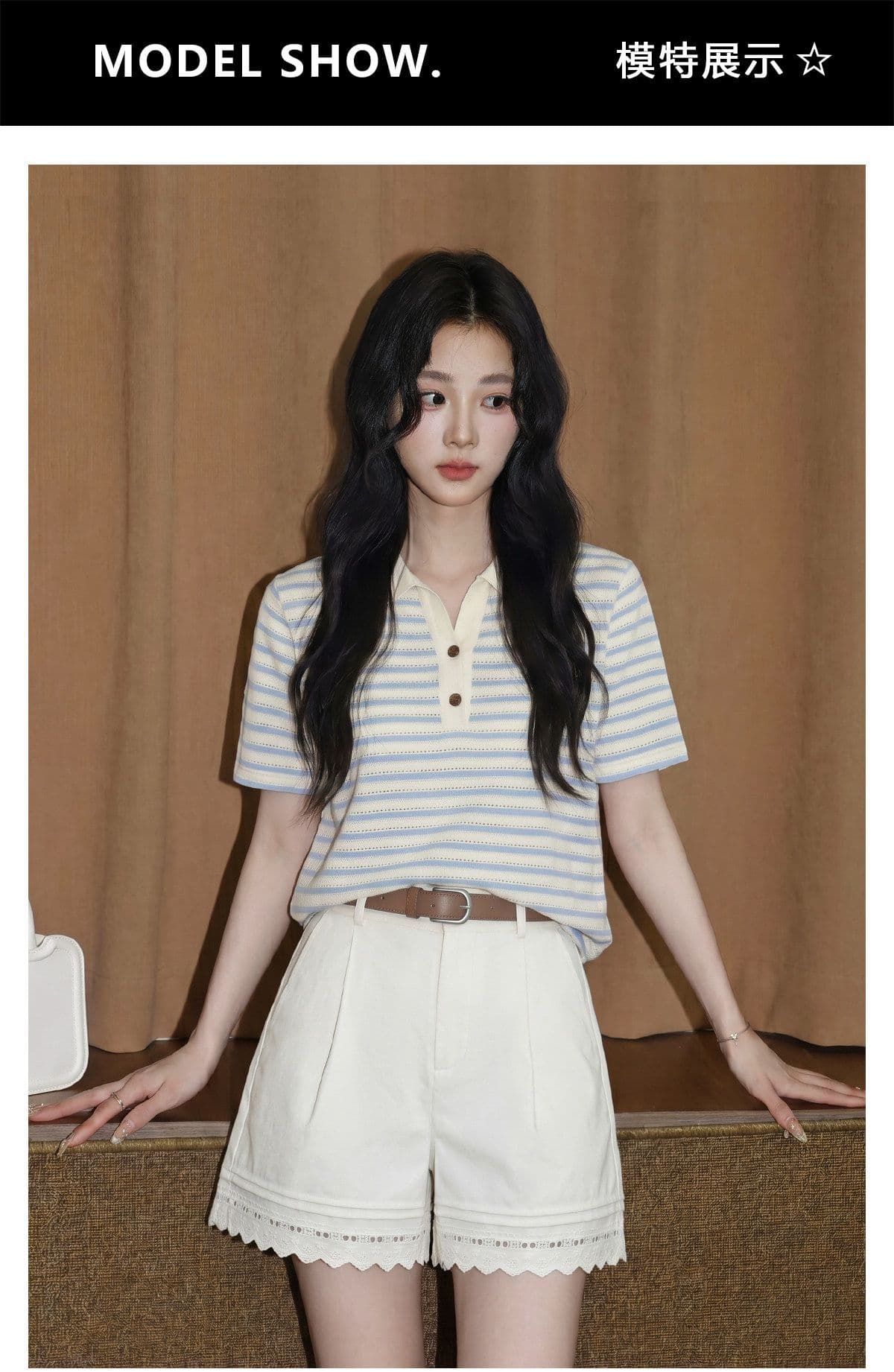 100 폴리 에스터 파란색 POLO 칼라 스트라이프 반팔 티셔츠 여성 2026 여름 새로운 루즈핏 배색 홀로우 아웃 동정 맨위 상세 이미지 3