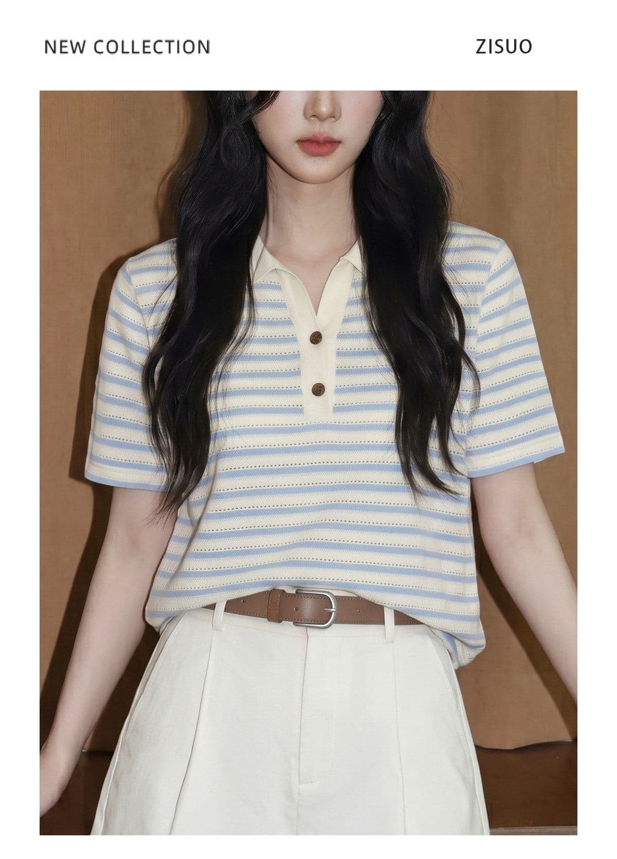 100 폴리 에스터 파란색 POLO 칼라 스트라이프 반팔 티셔츠 여성 2026 여름 새로운 루즈핏 배색 홀로우 아웃 동정 맨위 상세 이미지 6