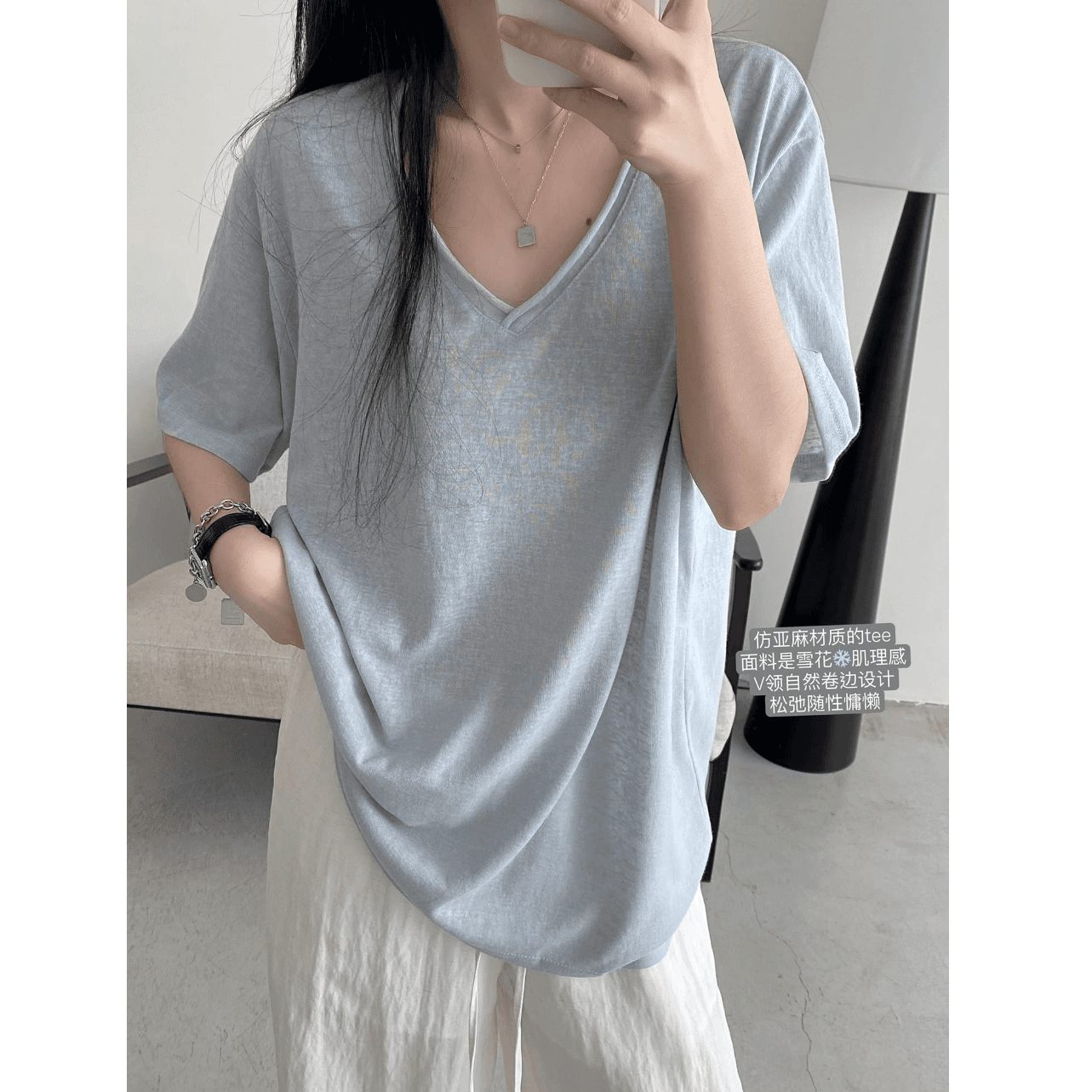 200그램 게으른 면 65 면 35 폴리 에스터 느슨함 센스 볼륨 측면 V넥 반팔 티셔츠 맨위 여성 루즈핏 슬림해 보이는 얇은 스타일