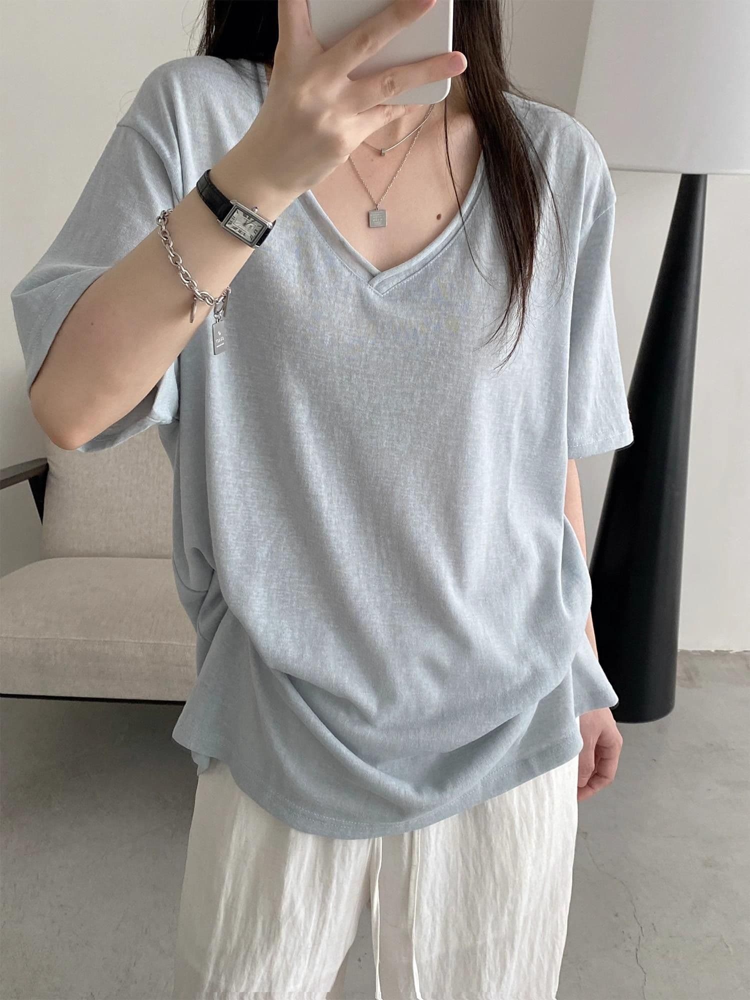 200그램 게으른 면 65 면 35 폴리 에스터 느슨함 센스 볼륨 측면 V넥 반팔 티셔츠 맨위 여성 루즈핏 슬림해 보이는 얇은 스타일 상세 이미지 16