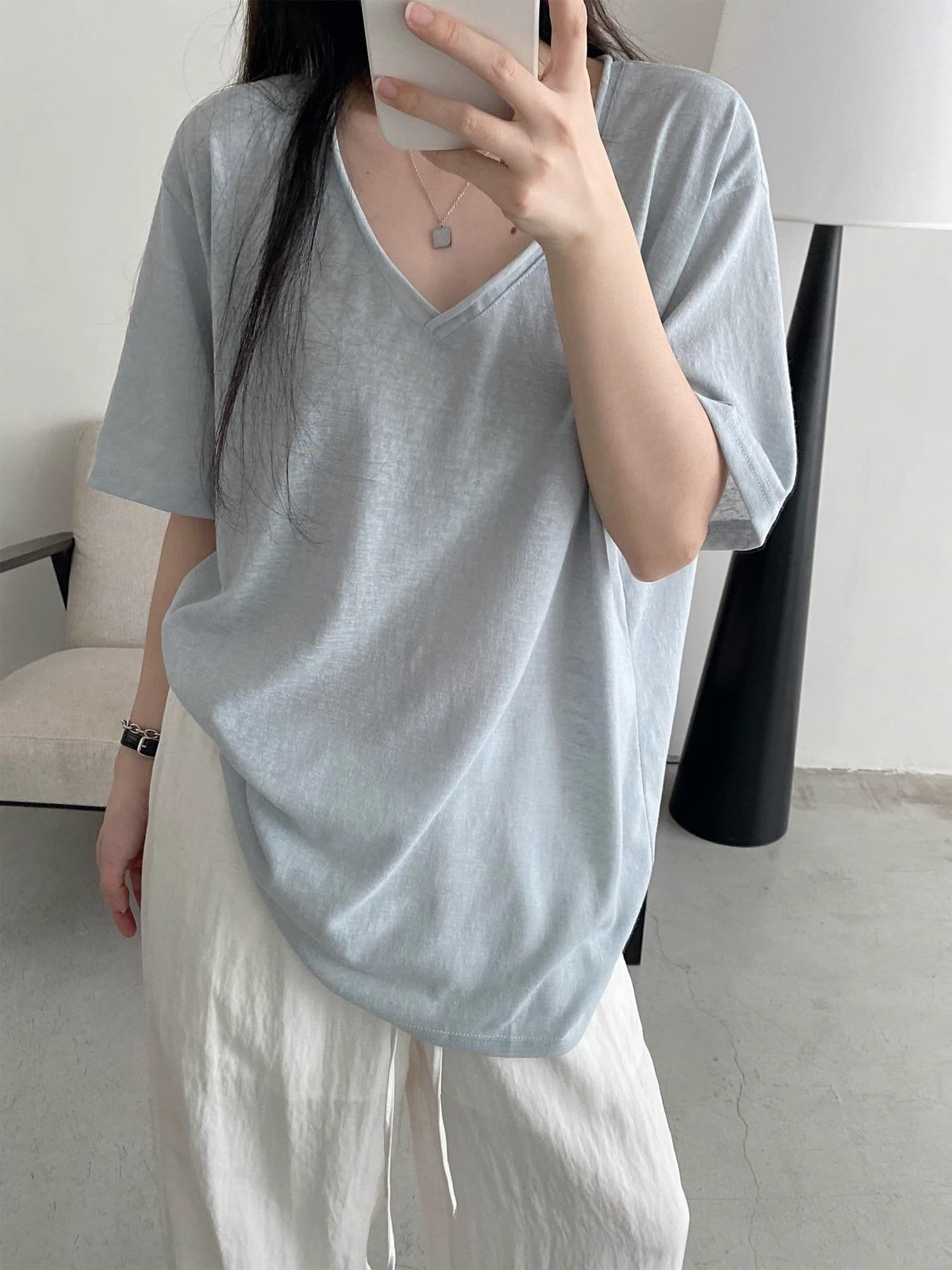 200그램 게으른 면 65 면 35 폴리 에스터 느슨함 센스 볼륨 측면 V넥 반팔 티셔츠 맨위 여성 루즈핏 슬림해 보이는 얇은 스타일 상세 이미지 19