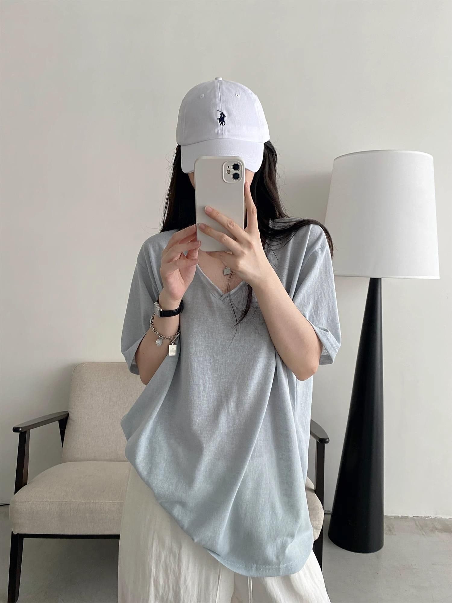 200그램 게으른 면 65 면 35 폴리 에스터 느슨함 센스 볼륨 측면 V넥 반팔 티셔츠 맨위 여성 루즈핏 슬림해 보이는 얇은 스타일 상세 이미지 20