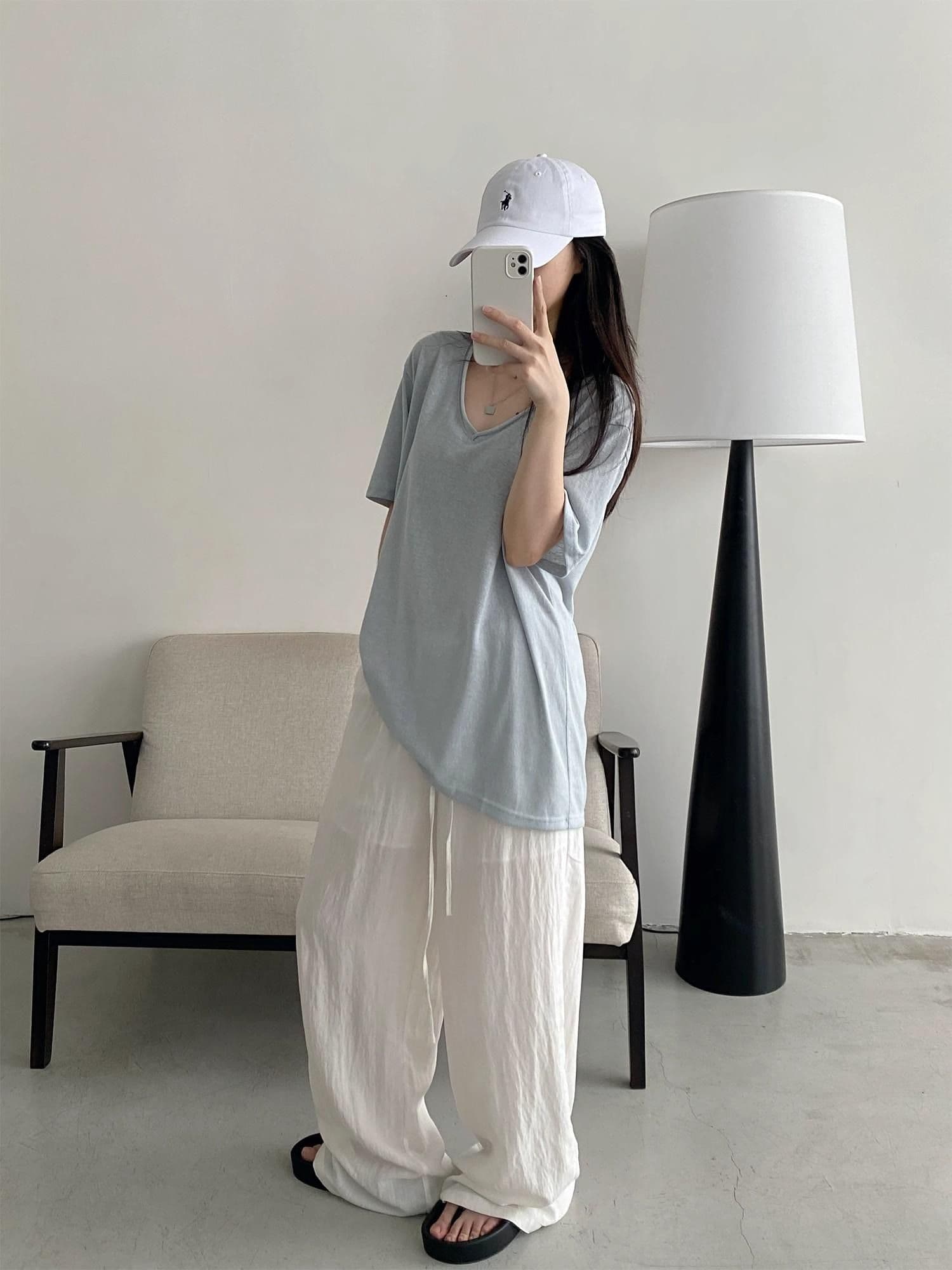 200그램 게으른 면 65 면 35 폴리 에스터 느슨함 센스 볼륨 측면 V넥 반팔 티셔츠 맨위 여성 루즈핏 슬림해 보이는 얇은 스타일 상세 이미지 21