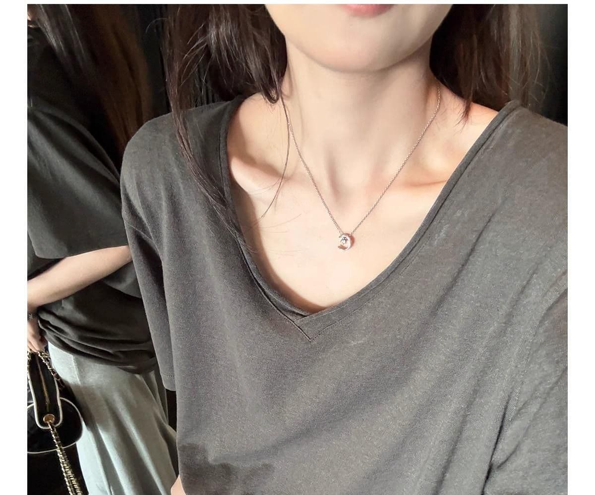 200그램 게으른 면 65 면 35 폴리 에스터 느슨함 센스 볼륨 측면 V넥 반팔 티셔츠 맨위 여성 루즈핏 슬림해 보이는 얇은 스타일 상세 이미지 31