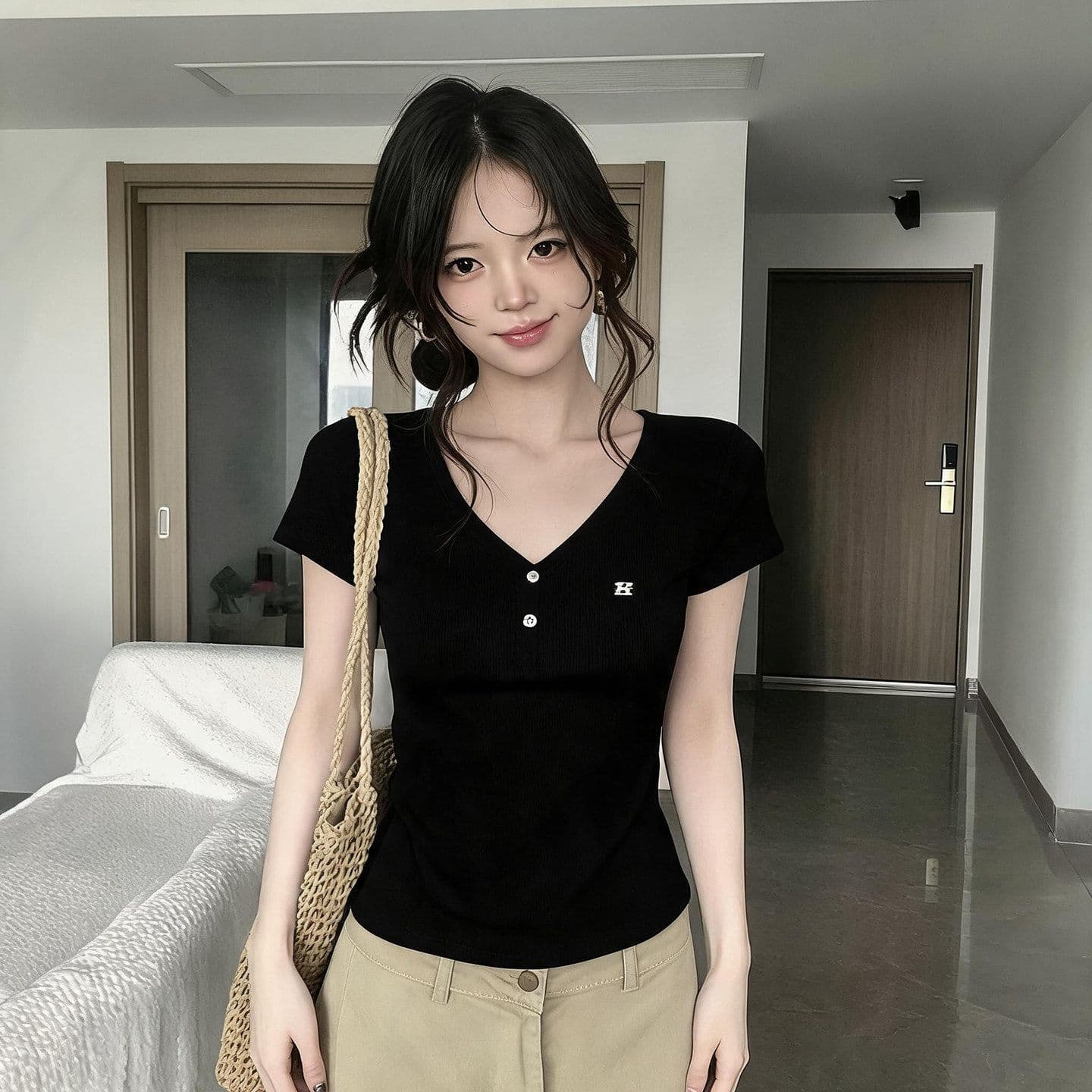 260 그램 사람들 면 아메리칸 화이트 V넥 티셔츠 여성 여름 다용도 긍정적 인 어깨 반팔 몸매 가꾸기 슬림해 보이는 맨위 상세 이미지 5