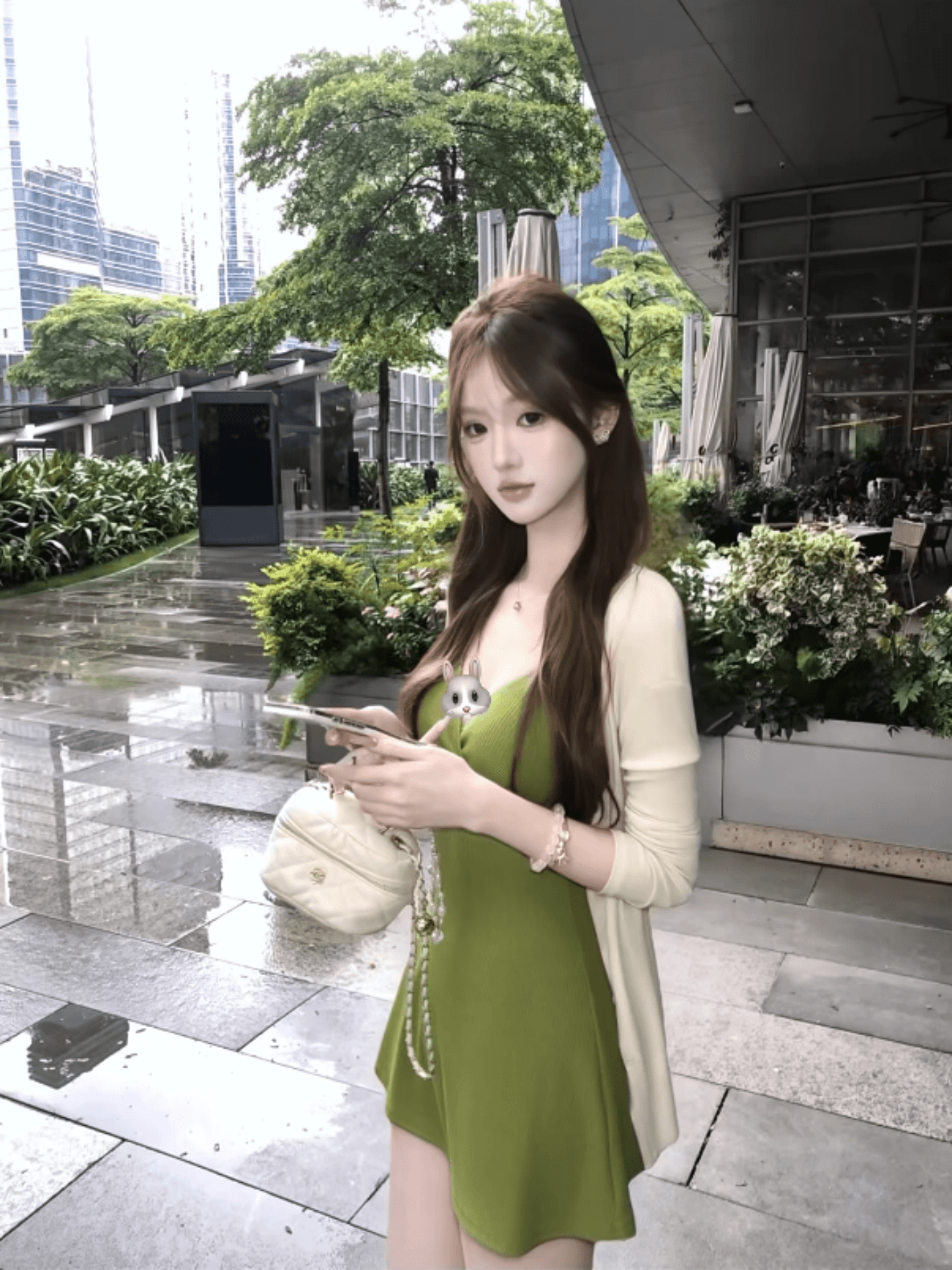 구덩이 기사 자카드 원단 가슴 패드 작은 키 디스플레이 높음 녹색 구덩이 기사 슬립 미니 스커트 순수한 욕망 바람 낮은 네크라인 허리 수축 상세 이미지 3