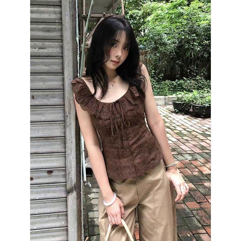 순면 자카드 원단 네리 명중 가져 가라. 프랑스식 보트넥 홀로우 아웃 자수 슬림해 보이는 둘 색상 짧은 조끼