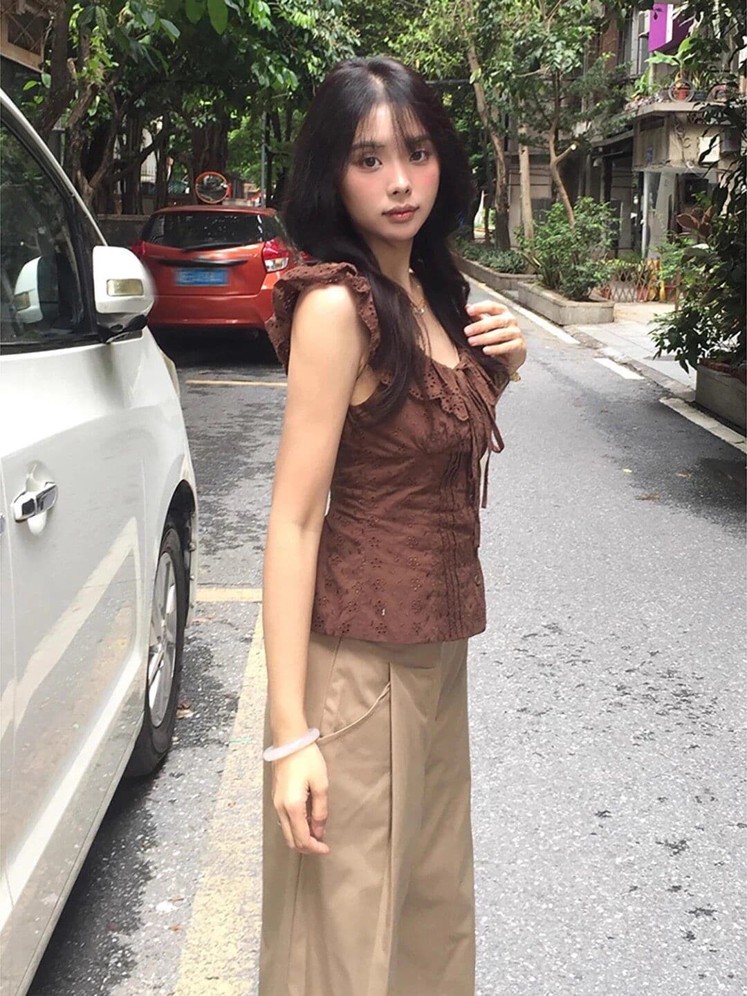 순면 자카드 원단 네리 명중 가져 가라. 프랑스식 보트넥 홀로우 아웃 자수 슬림해 보이는 둘 색상 짧은 조끼 상세 이미지 9