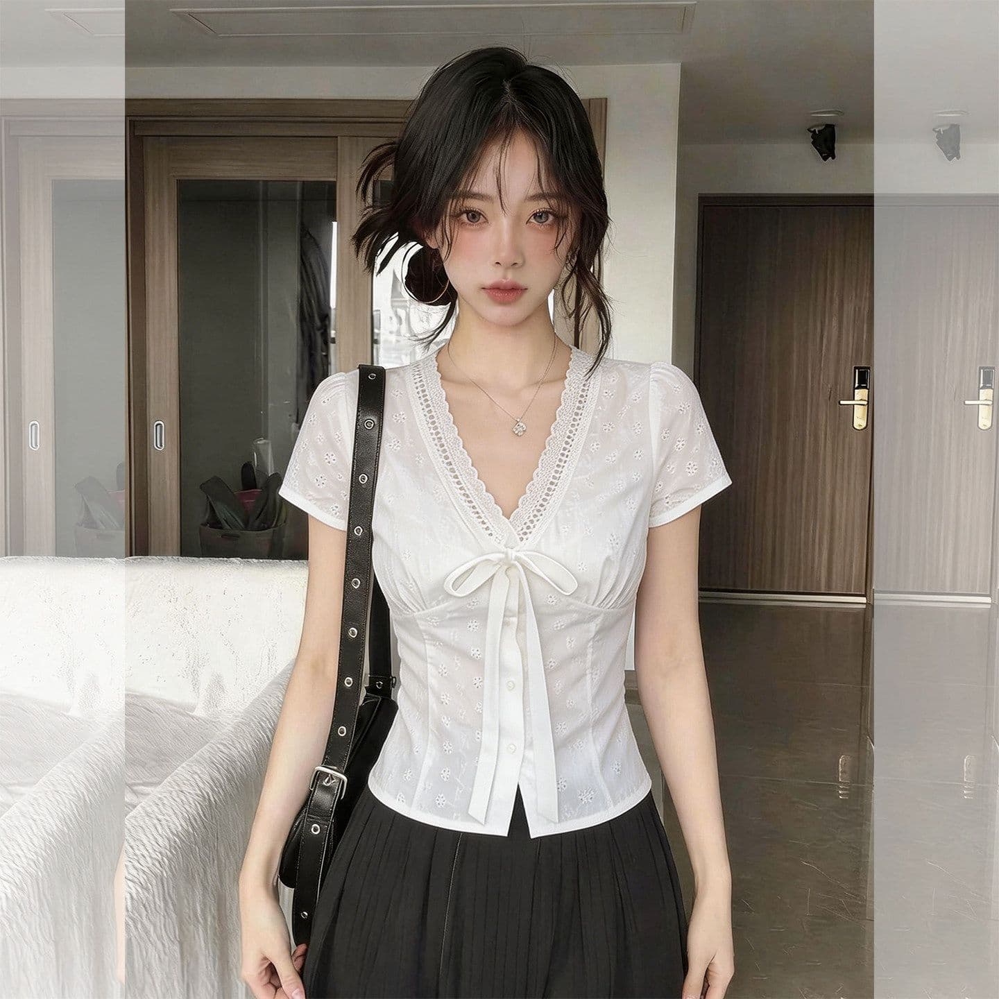 순면 자카드 원단 네리 여름 우유 화이트 홀로우 아웃 자수 반팔 슬림해 보이는 달콤한 자매 쇼트 스타일 작은 열림 셔츠 셔츠 이미지 4
