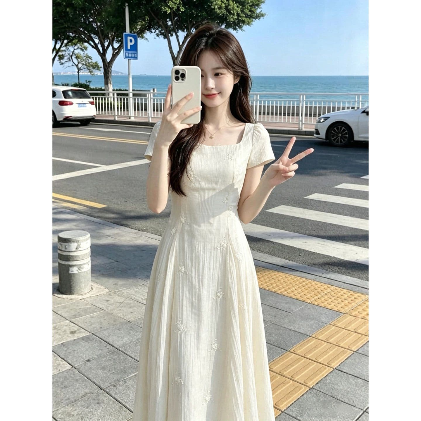 주간 실크 자수 원단 네리 마이크로 ~을 통해 질감 광장 칼라 3 차원 꽃무늬 뒤로 나비 매듭 낭만주의 데이트 롱 스커트 이미지 3