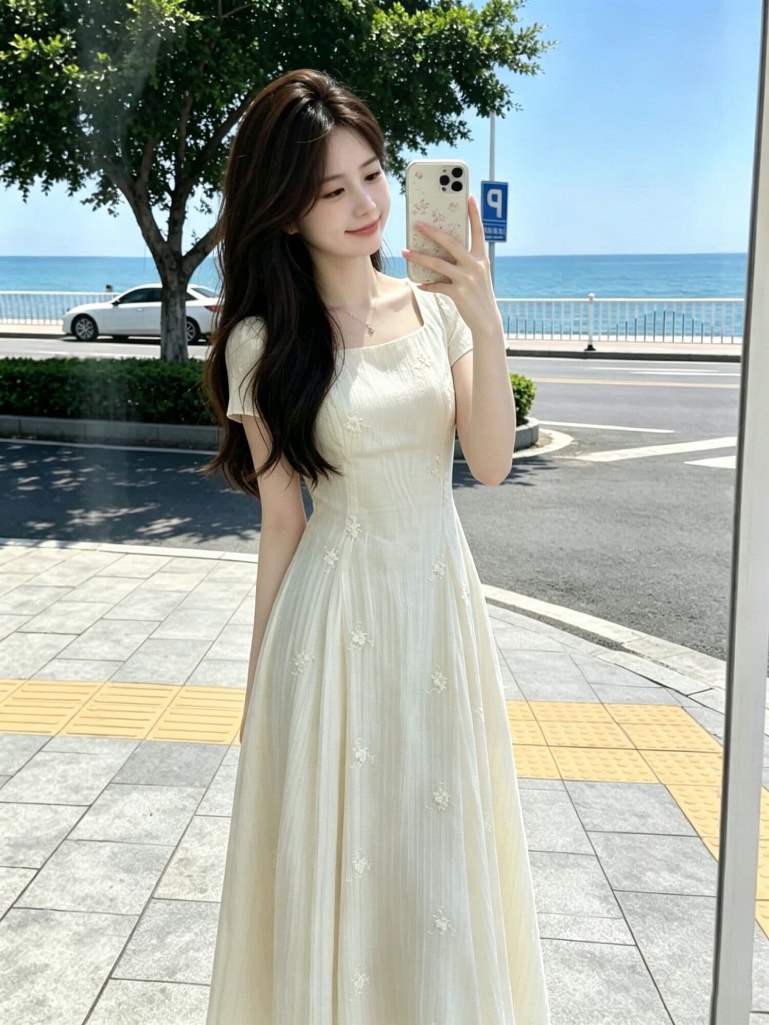 주간 실크 자수 원단 네리 마이크로 ~을 통해 질감 광장 칼라 3 차원 꽃무늬 뒤로 나비 매듭 낭만주의 데이트 롱 스커트 상세 이미지 7