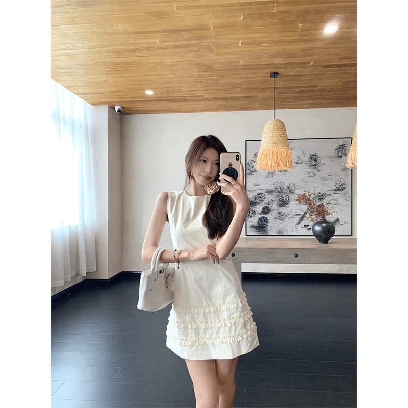 프랑스식 품격 프릴 민소매 조끼 여성 드레스 여름 새로운 작은 대중 디자인 센스 허리 수축 슬림해 보이는 미니 스커트 이미지 3