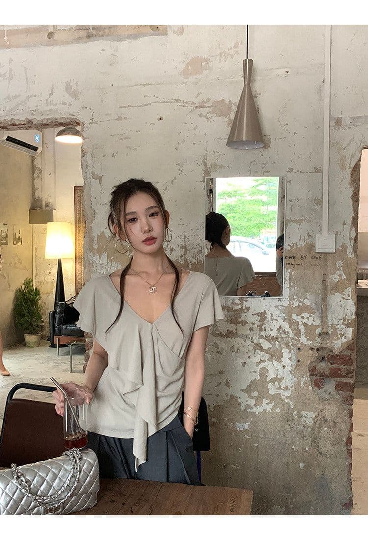 사람들 면 260 그램 반팔 티셔츠 여성 여름 착용 가져 가라. 프랑스식 V넥 회색 고유 한 아름다운 그레이트 봐. 의류 상세 이미지 5