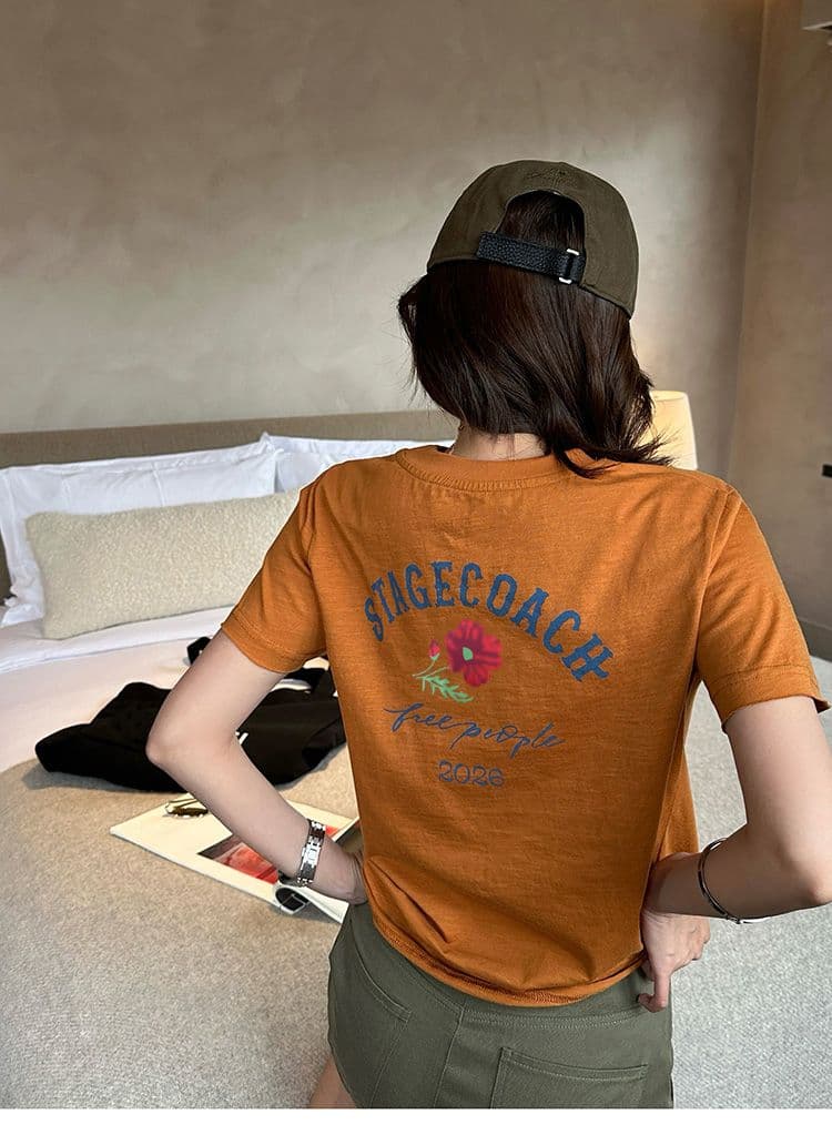 경관 그림 순면 도파민 주황색 알파벳 프린트 라운드 넥 긍정적 인 어깨 반팔 티셔츠 여성 여름 루즈핏 맨위 상세 이미지 2