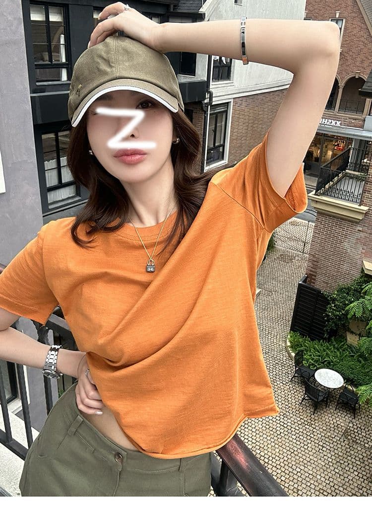 경관 그림 순면 도파민 주황색 알파벳 프린트 라운드 넥 긍정적 인 어깨 반팔 티셔츠 여성 여름 루즈핏 맨위 상세 이미지 3