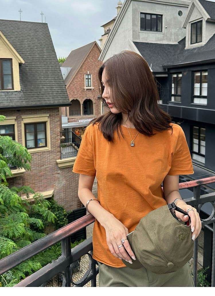 경관 그림 순면 도파민 주황색 알파벳 프린트 라운드 넥 긍정적 인 어깨 반팔 티셔츠 여성 여름 루즈핏 맨위 상세 이미지 4