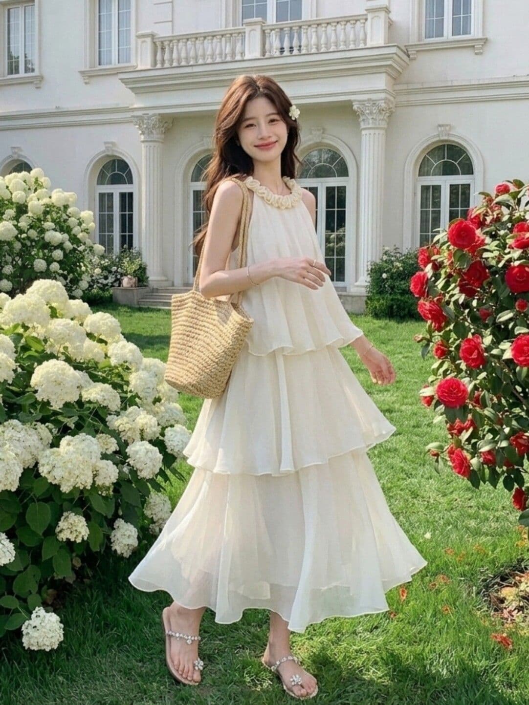 2026 자이언트 잘 생긴 슈퍼 요정 아름다운 3 차원 꽃 행침 목 여성 드레스 휴가 바람 민소매 디자인 케이크 롱 스커트 이미지 3