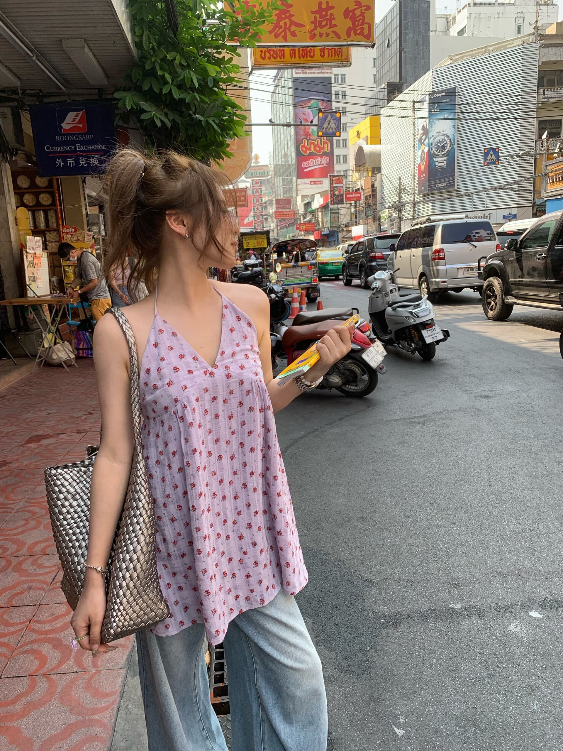 원본 원단 네리 휴가 바람 보라색 꽃무늬 민소매 허리 수축 조끼 맨위 행침 목 중간 길이 상세 이미지 14