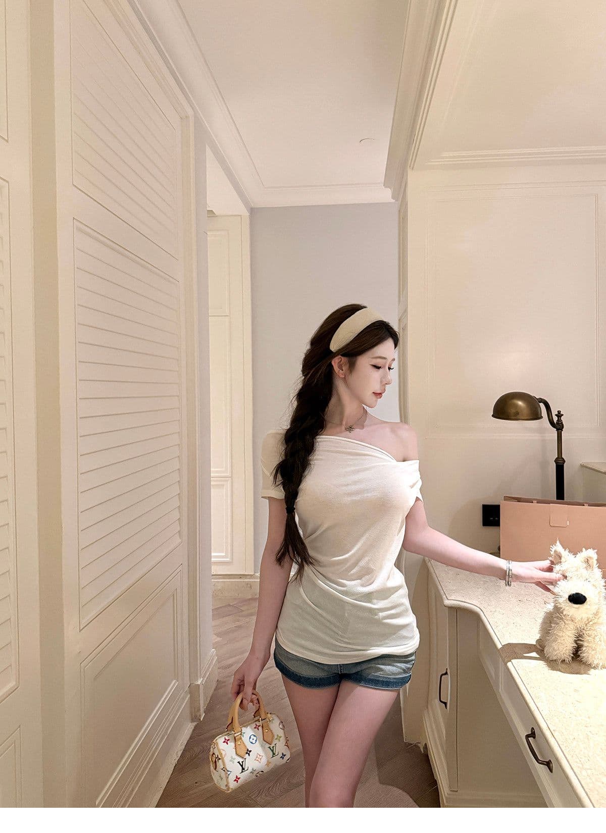 원본 원단 디자인 센스 매듭 비스듬한 어깨 핀치 Pleat 허리 수축 슬림해 보이는 티셔츠 핫걸 품격 슬림해 보이는 맨위 상세 이미지 28