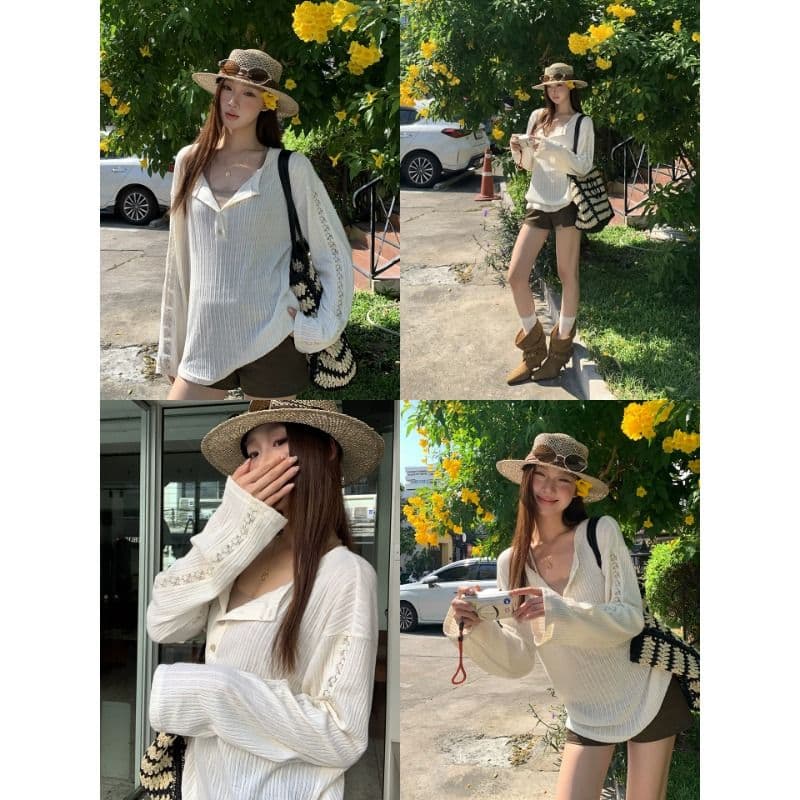 아메리칸 자외선 차단 블라우스 여성 새로운 여름 착용 가져 가라. 긴팔 티셔츠 한 부서 작은 대중 디자인 센스 홀로우 아웃 맨위 이미지 3