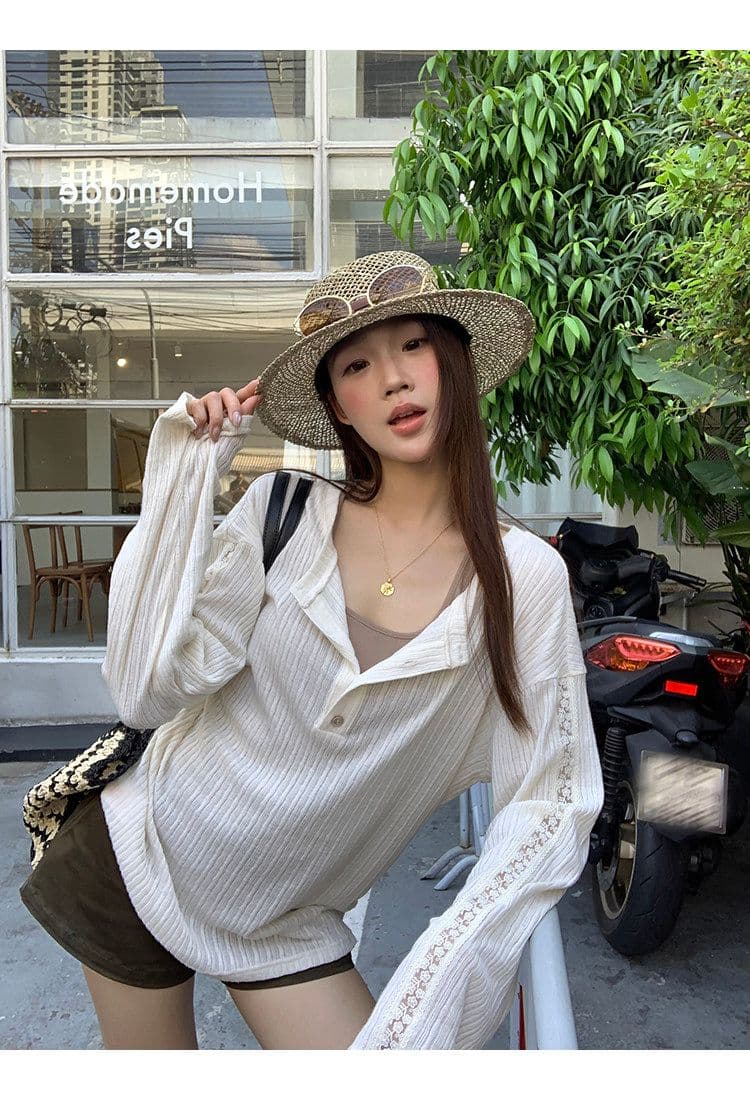 아메리칸 자외선 차단 블라우스 여성 새로운 여름 착용 가져 가라. 긴팔 티셔츠 한 부서 작은 대중 디자인 센스 홀로우 아웃 맨위 상세 이미지 7