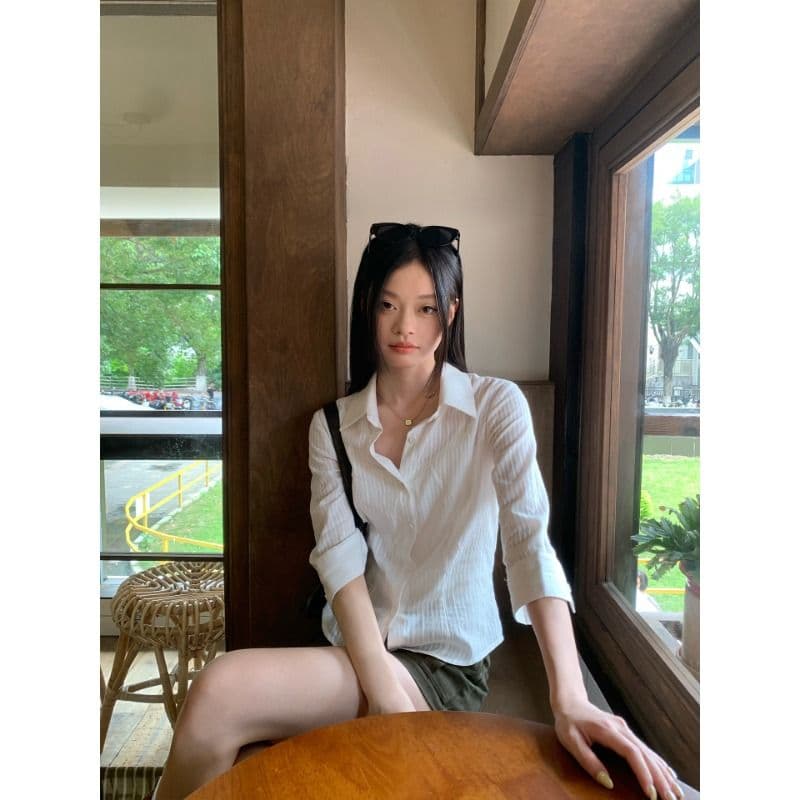 원본 자카드 원단 화이트 중간 소매 허리 수축 여성 셔츠 여름 높음 지혜 센스 순수한 욕망 바람 작은 맨위 이미지 5