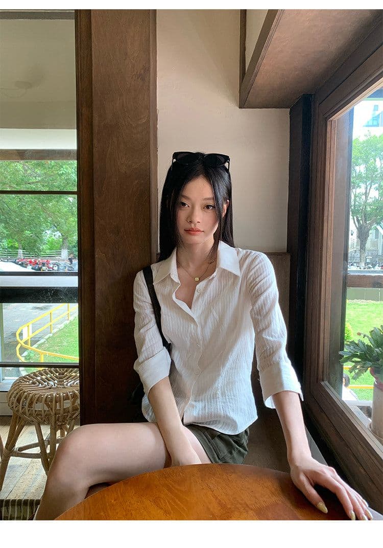 원본 자카드 원단 화이트 중간 소매 허리 수축 여성 셔츠 여름 높음 지혜 센스 순수한 욕망 바람 작은 맨위 상세 이미지 6