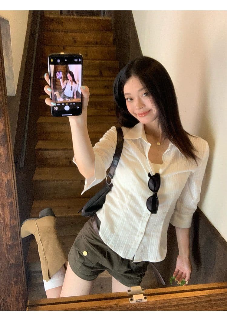 원본 자카드 원단 화이트 중간 소매 허리 수축 여성 셔츠 여름 높음 지혜 센스 순수한 욕망 바람 작은 맨위 상세 이미지 7